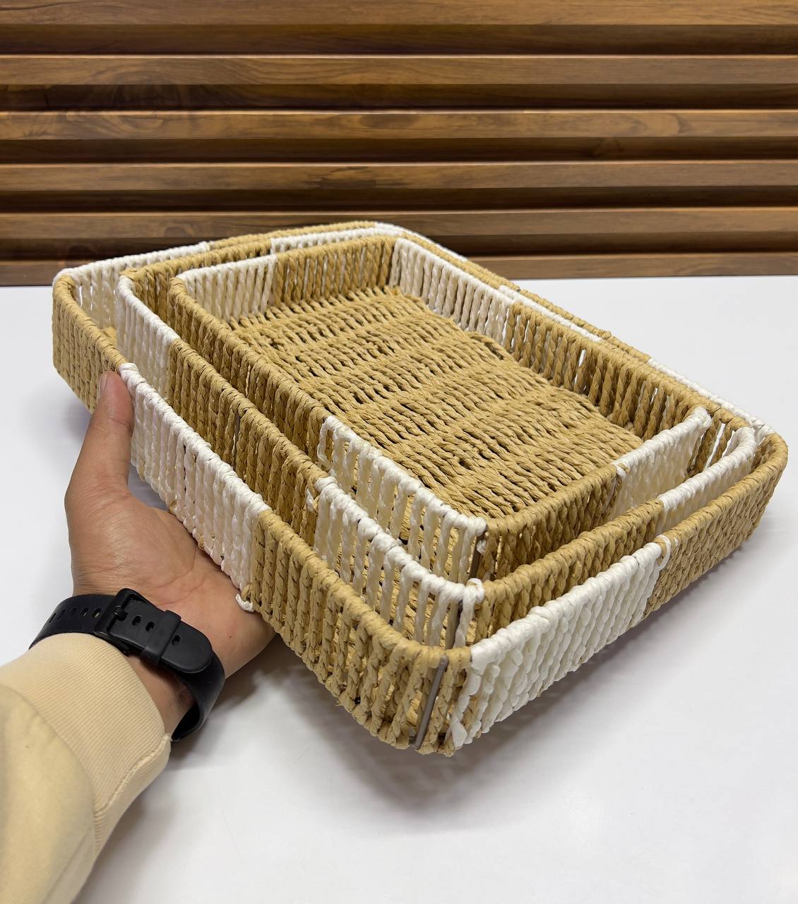 Set de 3 Plateaux de Rangement Rectangulaires en Jonc de Mer Tressé & Coton Bicolore (Naturel & Blanc)