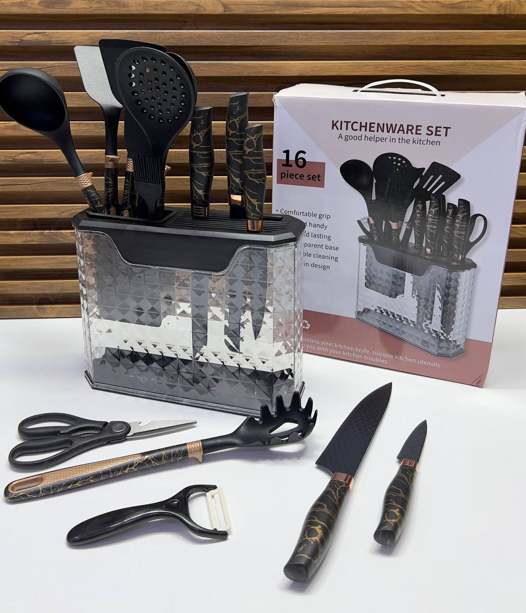 Set Complet Ustensiles & Couteaux de Cuisine Design Marbre Blanc et Cuivre - 12 Pièces | Support Transparent Moderne Inclus | Accessoires de Cuisson & Découpe Luxe