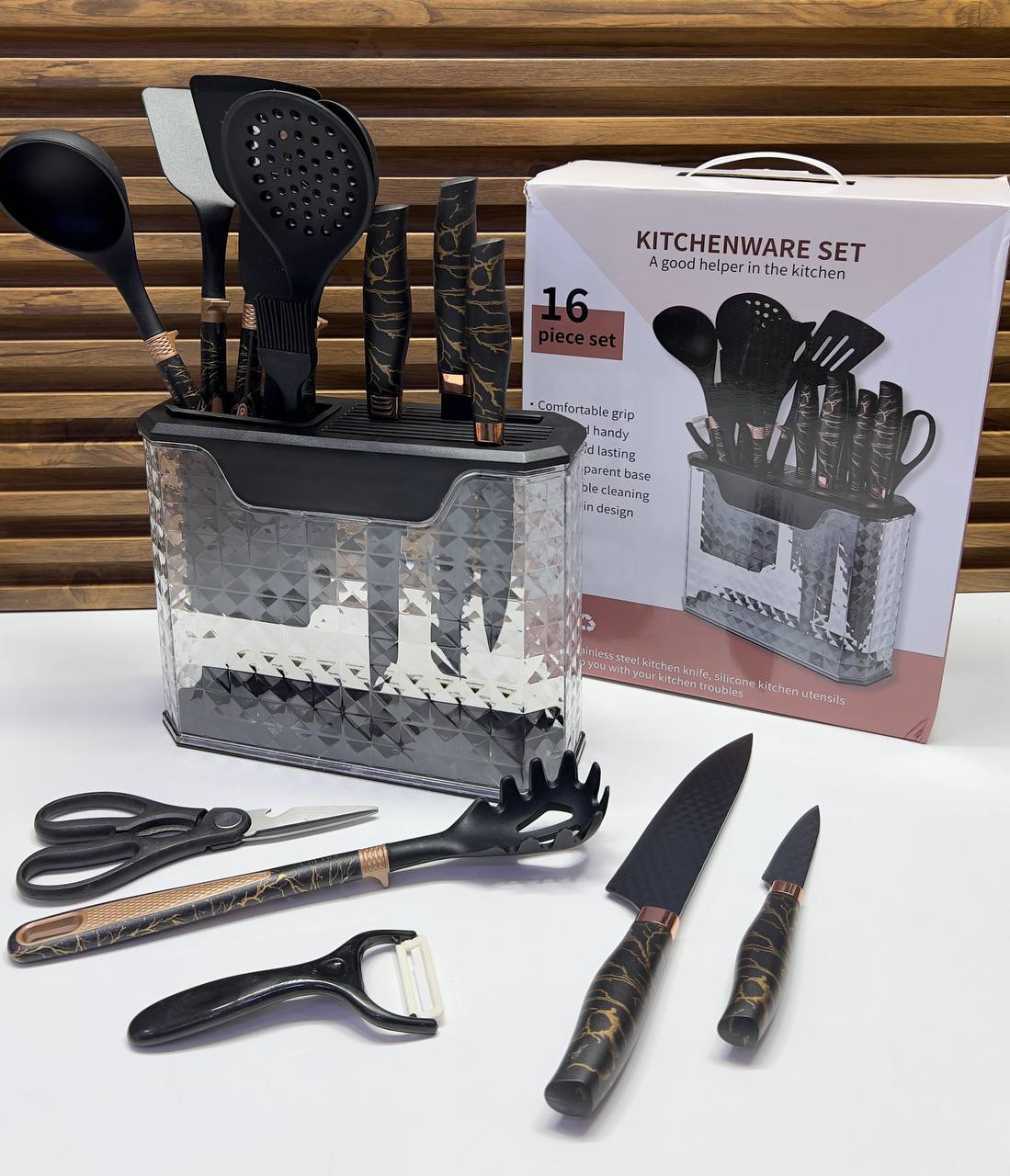 Set Complet Ustensiles & Couteaux de Cuisine Design Marbre Blanc et Cuivre - 12 Pièces | Support Transparent Moderne Inclus | Accessoires de Cuisson & Découpe Luxe