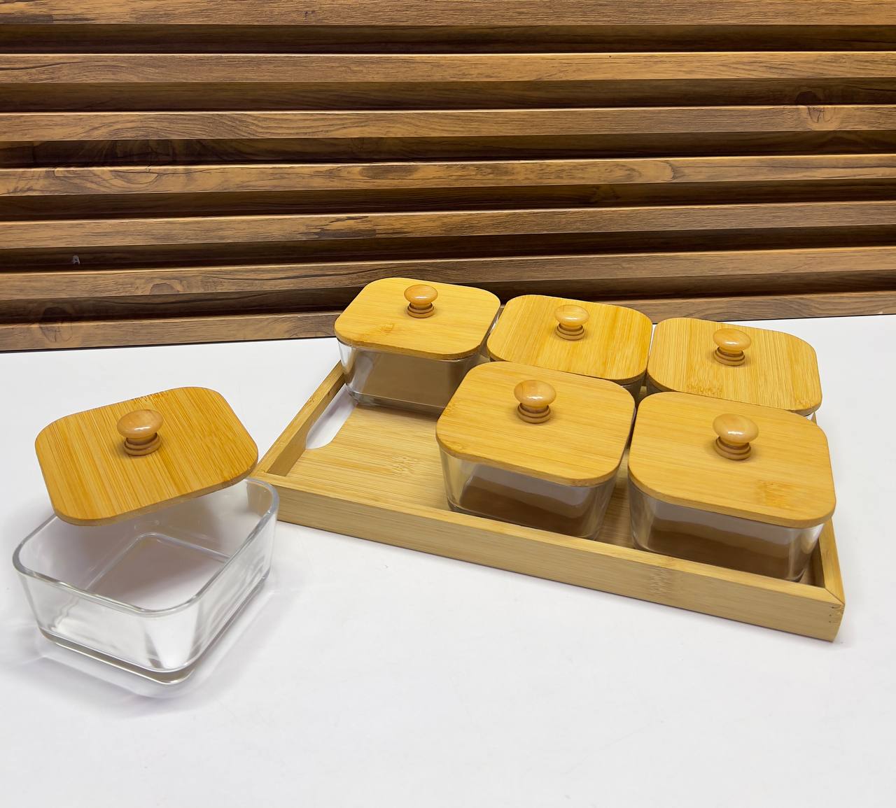 Plateau de Service à Collation en Bambou avec 6 Bols en Céramique et Couvercles