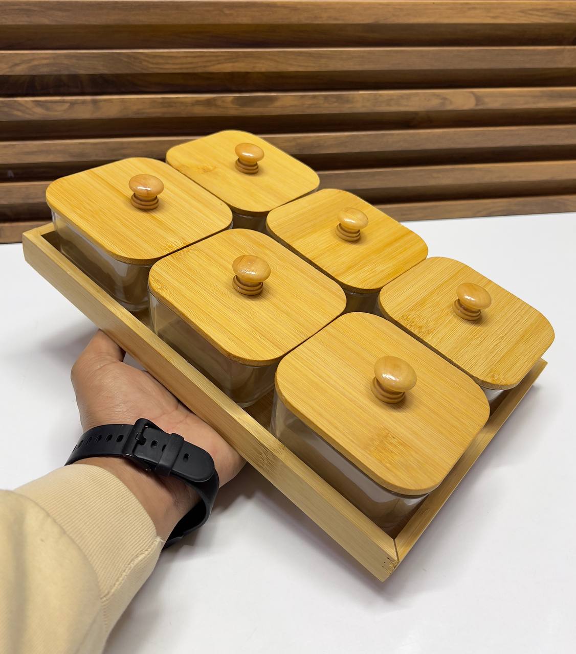 Plateau de Service à Collation en Bambou avec 6 Bols en Céramique et Couvercles