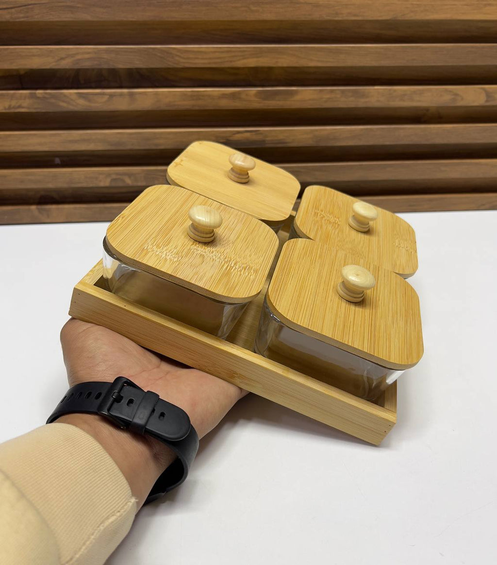 Set 4 Boîtes de Rangement Carrées en Verre avec Couvercles en Bambou Naturel