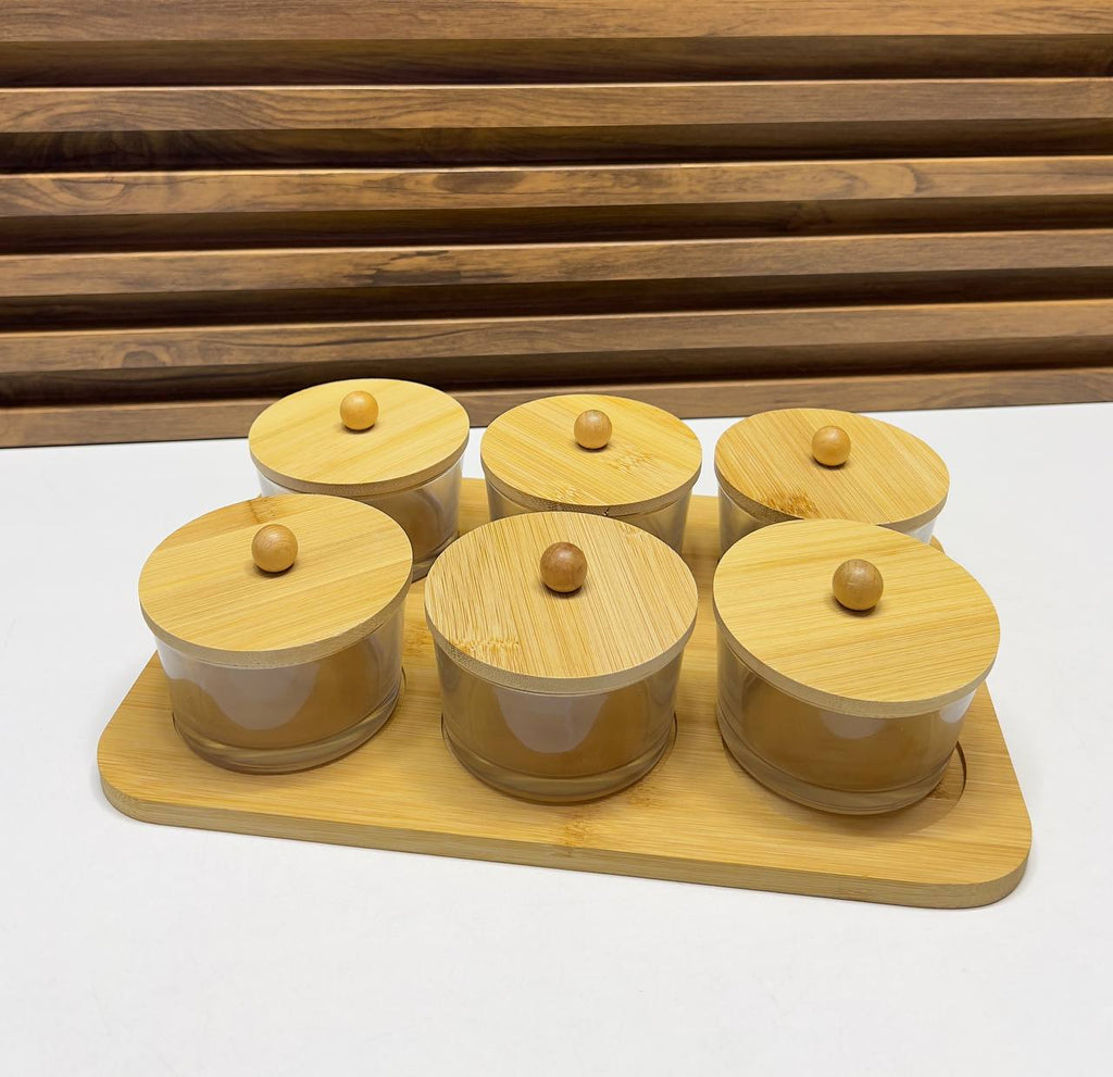 Ensemble Service Dégustation 6 Pots en Verre & Plateau en Bambou