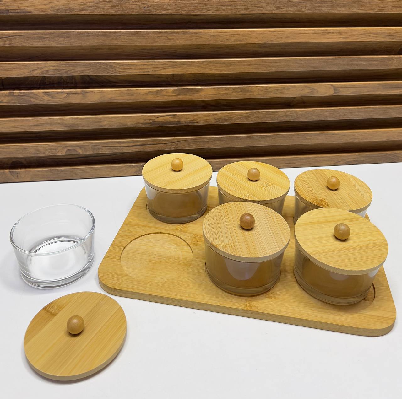 Ensemble Service Dégustation 6 Pots en Verre & Plateau en Bambou