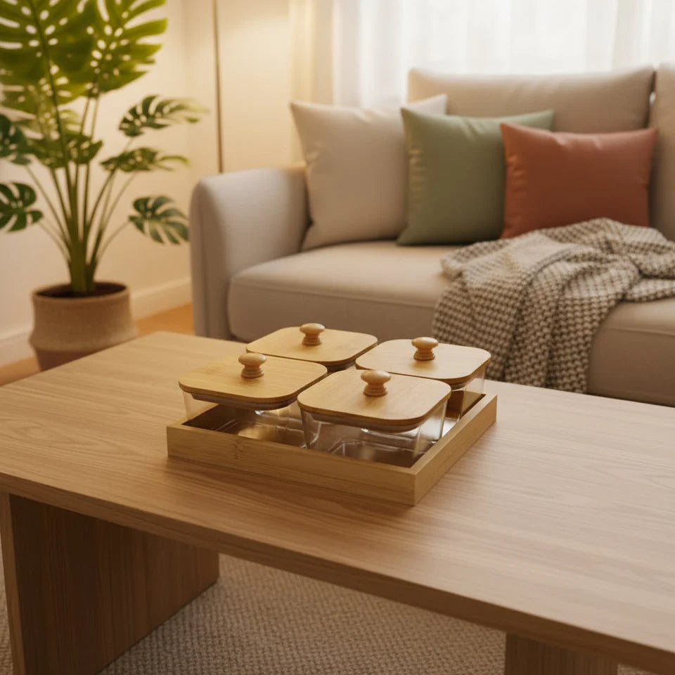 Set de Bocaux en Verre avec Couvercles et Plateau en Bambou