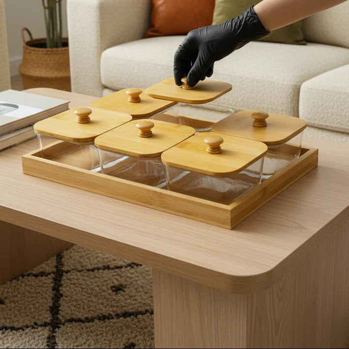 Set de Bocaux en Verre avec Couvercles et Plateau en Bambou